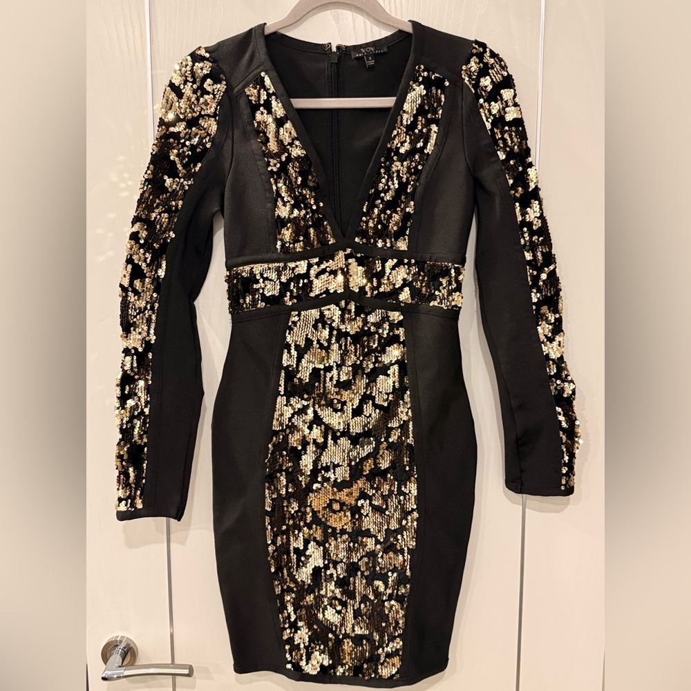 WOW Couture Women’s Black and Gold Sequin Long Sleeve Dress Size S Wedding Guest
